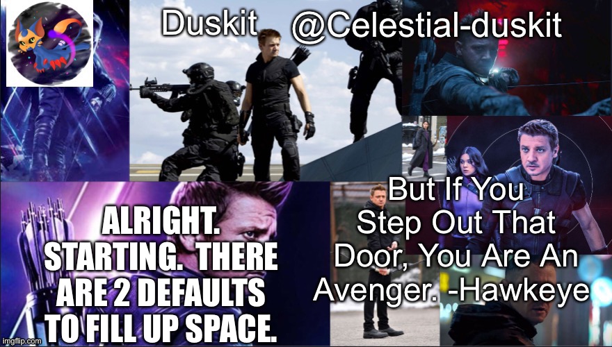 Duskit’s hawkeye temp | ALRIGHT. STARTING.  THERE ARE 2 DEFAULTS TO FILL UP SPACE. | image tagged in duskit s hawkeye temp | made w/ Imgflip meme maker
