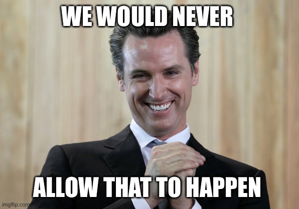 Scheming Gavin Newsom  | WE WOULD NEVER ALLOW THAT TO HAPPEN | image tagged in scheming gavin newsom | made w/ Imgflip meme maker