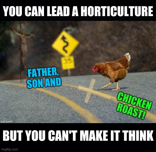 stolen from modda! | YOU CAN LEAD A HORTICULTURE; BUT YOU CAN'T MAKE IT THINK | image tagged in father son and chicken roast,triggered conservative,critical thinking,horticulture,why the chicken cross the road | made w/ Imgflip meme maker