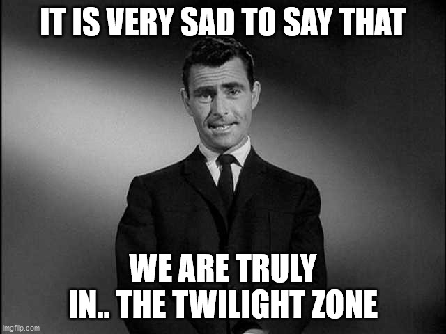rod serling twilight zone | IT IS VERY SAD TO SAY THAT WE ARE TRULY IN.. THE TWILIGHT ZONE | image tagged in rod serling twilight zone | made w/ Imgflip meme maker