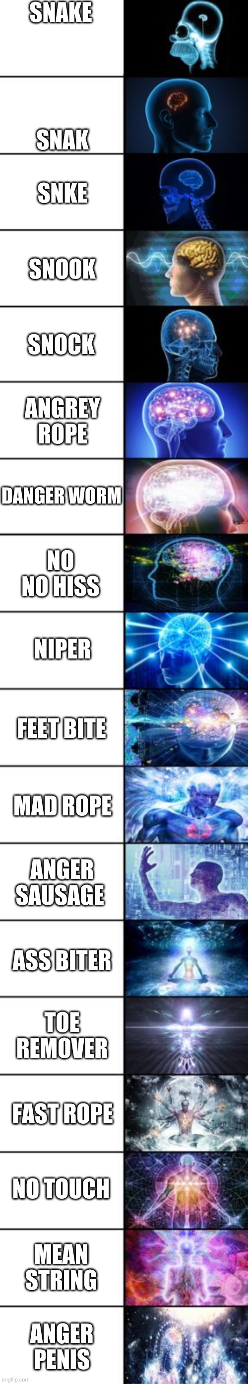 nein line | SNAKE; SNAK; SNKE; SNOOK; SNOCK; ANGREY ROPE; DANGER WORM; NO NO HISS; NIPER; FEET BITE; MAD ROPE; ANGER SAUSAGE; ASS BITER; TOE REMOVER; FAST ROPE; NO TOUCH; MEAN STRING; ANGER PENIS | image tagged in expanding brain longest version | made w/ Imgflip meme maker