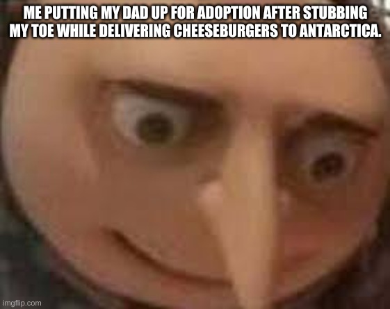 Not the toe joe |  ME PUTTING MY DAD UP FOR ADOPTION AFTER STUBBING MY TOE WHILE DELIVERING CHEESEBURGERS TO ANTARCTICA. | image tagged in gru,funny,fun,meme,nonsensical nonsense,funny meme | made w/ Imgflip meme maker