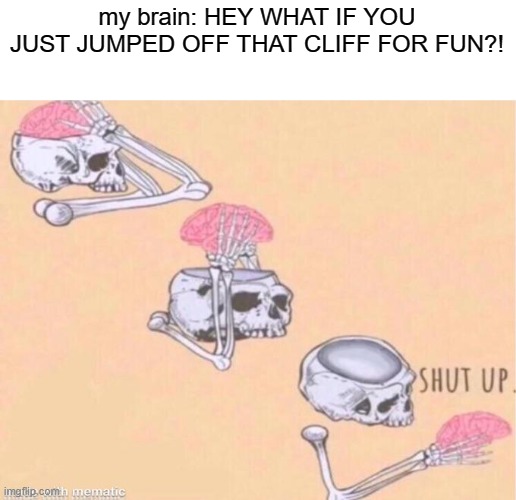confess you do this too | my brain: HEY WHAT IF YOU JUST JUMPED OFF THAT CLIFF FOR FUN?! | image tagged in skeleton shut up meme | made w/ Imgflip meme maker