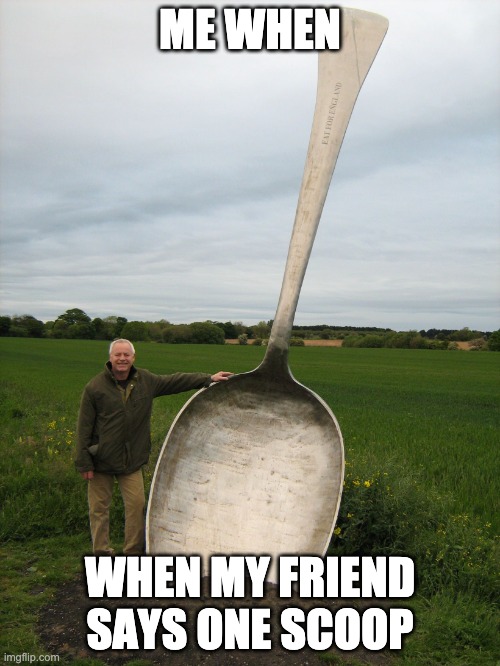 idk | ME WHEN; WHEN MY FRIEND SAYS ONE SCOOP | image tagged in big spoon | made w/ Imgflip meme maker
