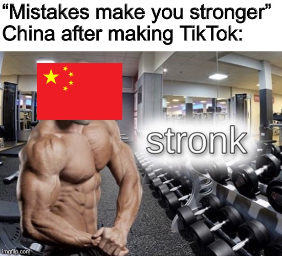 Meme man stronk | “Mistakes make you stronger” 
China after making TikTok: | image tagged in meme man stronk,tiktok sucks,memes,funny memes | made w/ Imgflip meme maker