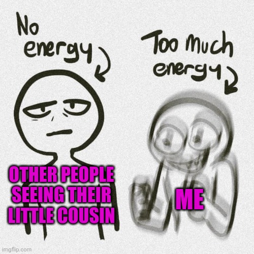 I love my cousin | ME; OTHER PEOPLE SEEING THEIR LITTLE COUSIN | image tagged in no energy too much energy,cousin,best friends | made w/ Imgflip meme maker