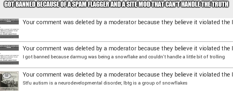 GOT BANNED BECAUSE OF A SPAM FLAGGER AND A SITE MOD THAT CAN'T HANDLE THE TRUTH | made w/ Imgflip meme maker