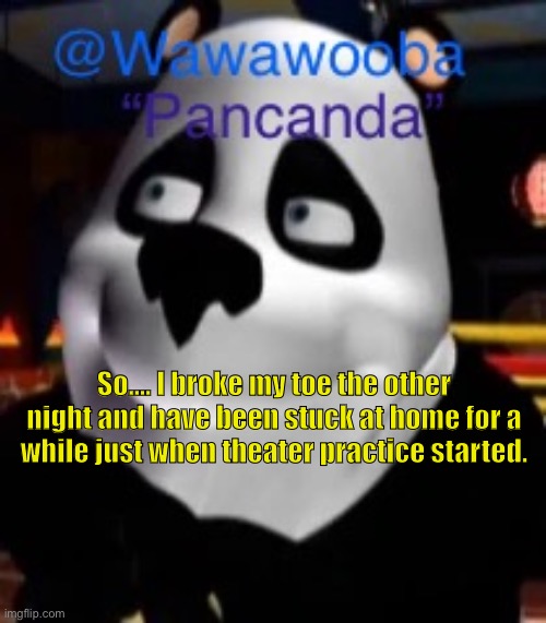 I was running and my toe just kinda went like I don’t want to go anywhere and bent forwards | So…. I broke my toe the other night and have been stuck at home for a while just when theater practice started. | image tagged in wawa s pancanda template | made w/ Imgflip meme maker