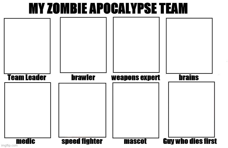 Ask if you wanna be a part of the team I will slowly make the end result | image tagged in my zombie apocalypse team | made w/ Imgflip meme maker