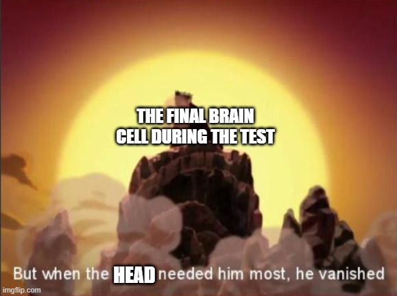 But when the world needed him most, he vanished | THE FINAL BRAIN CELL DURING THE TEST; HEAD | image tagged in but when the world needed him most he vanished | made w/ Imgflip meme maker