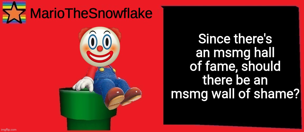 MarioTheSnowflake announcement template v1 | Since there's an msmg hall of fame, should there be an msmg wall of shame? | image tagged in mariothesnowflake announcement template v1 | made w/ Imgflip meme maker