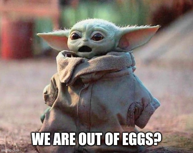 Surprised Baby Yoda | WE ARE OUT OF EGGS? | image tagged in surprised baby yoda | made w/ Imgflip meme maker