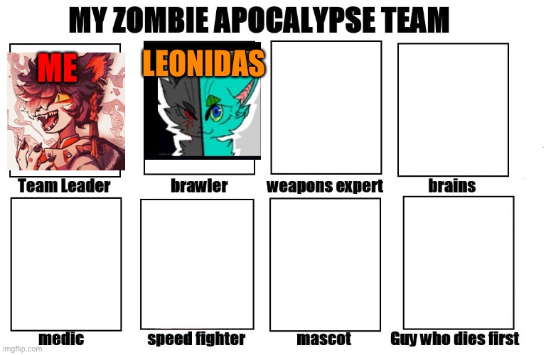 Still working on this thing | ME; LEONIDAS | image tagged in my zombie apocalypse team | made w/ Imgflip meme maker