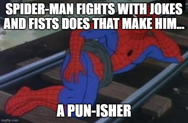 Sexy Railroad Spiderman Meme | SPIDER-MAN FIGHTS WITH JOKES AND FISTS DOES THAT MAKE HIM... A PUN-ISHER | image tagged in memes,spiderman | made w/ Imgflip meme maker