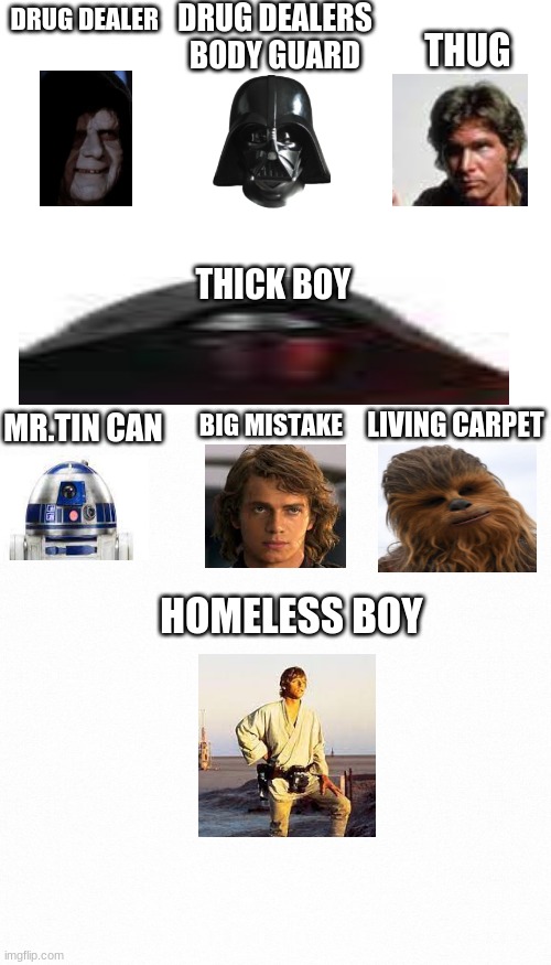 Renaming the star wars characters if over 60 upvotes  I will rename more of them | DRUG DEALERS BODY GUARD; THUG; DRUG DEALER; THICK BOY; BIG MISTAKE; LIVING CARPET; MR.TIN CAN; HOMELESS BOY | image tagged in blank white template,white backround | made w/ Imgflip meme maker