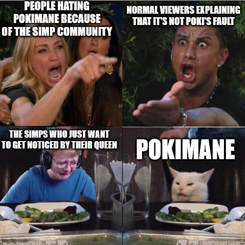 True story |  PEOPLE HATING POKIMANE BECAUSE OF THE SIMP COMMUNITY; NORMAL VIEWERS EXPLAINING THAT IT'S NOT POKI'S FAULT; THE SIMPS WHO JUST WANT TO GET NOTICED BY THEIR QUEEN; POKIMANE | image tagged in four panel taylor armstrong pauly d callmecarson cat,pokimane,twitch,streamer,simp | made w/ Imgflip meme maker