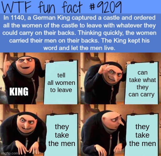 wtf fact | tell all women to leave; can take what they can carry; KING; they take the men; they take the men | image tagged in memes,gru's plan | made w/ Imgflip meme maker