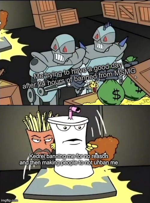 Aqua Teen knocking down the door | Me trying to have a good day after 24 hours of banned from MSMG; Kedrei banning me for no reason and then making people to not unban me | image tagged in aqua teen knocking down the door | made w/ Imgflip meme maker