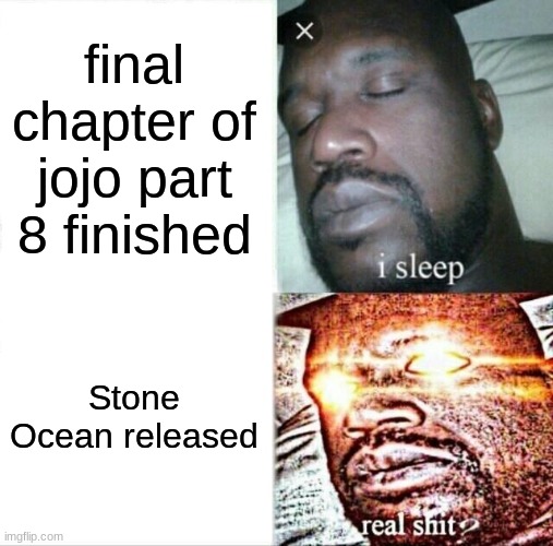 JOJO STONE OCEAN BE LIKE |  final chapter of jojo part 8 finished; Stone Ocean released | image tagged in memes,sleeping shaq,jojo's bizarre adventure | made w/ Imgflip meme maker
