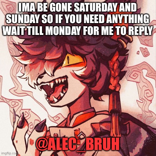 Cya for 2 days | IMA BE GONE SATURDAY AND SUNDAY SO IF YOU NEED ANYTHING WAIT TILL MONDAY FOR ME TO REPLY; @ALEC_BRUH | image tagged in lel | made w/ Imgflip meme maker