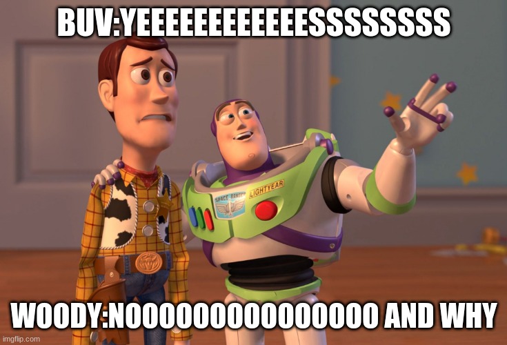X, X Everywhere | BUV:YEEEEEEEEEEEESSSSSSSS; WOODY:NOOOOOOOOOOOOOOO AND WHY | image tagged in memes,x x everywhere | made w/ Imgflip meme maker