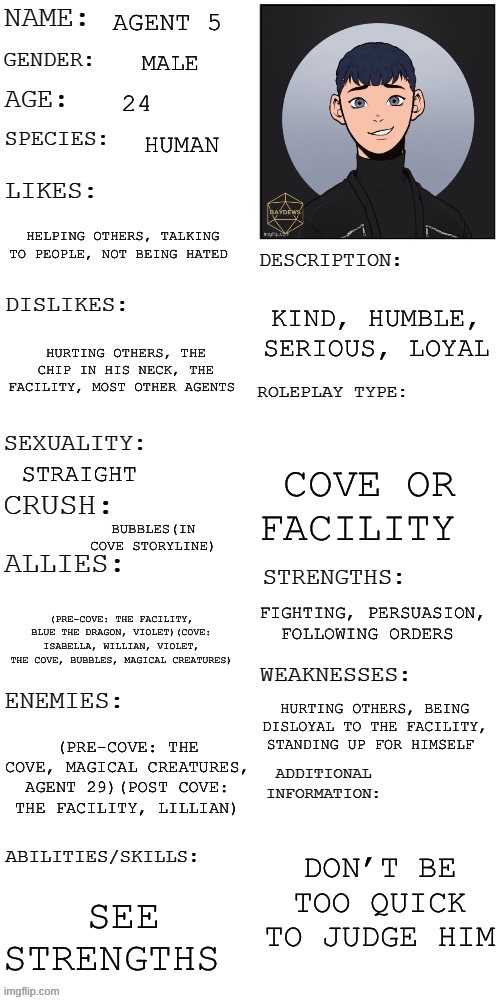 I made Agent 5 | AGENT 5; MALE; 24; HUMAN; HELPING OTHERS, TALKING TO PEOPLE, NOT BEING HATED; KIND, HUMBLE, SERIOUS, LOYAL; HURTING OTHERS, THE CHIP IN HIS NECK, THE FACILITY, MOST OTHER AGENTS; COVE OR FACILITY; STRAIGHT; BUBBLES(IN COVE STORYLINE); FIGHTING, PERSUASION, FOLLOWING ORDERS; (PRE-COVE: THE FACILITY, BLUE THE DRAGON, VIOLET)(COVE: ISABELLA, WILLIAN, VIOLET, THE COVE, BUBBLES, MAGICAL CREATURES); HURTING OTHERS, BEING DISLOYAL TO THE FACILITY, STANDING UP FOR HIMSELF; (PRE-COVE: THE COVE, MAGICAL CREATURES, AGENT 29)(POST COVE: THE FACILITY, LILLIAN); DON’T BE TOO QUICK TO JUDGE HIM; SEE STRENGTHS | image tagged in updated roleplay oc showcase | made w/ Imgflip meme maker