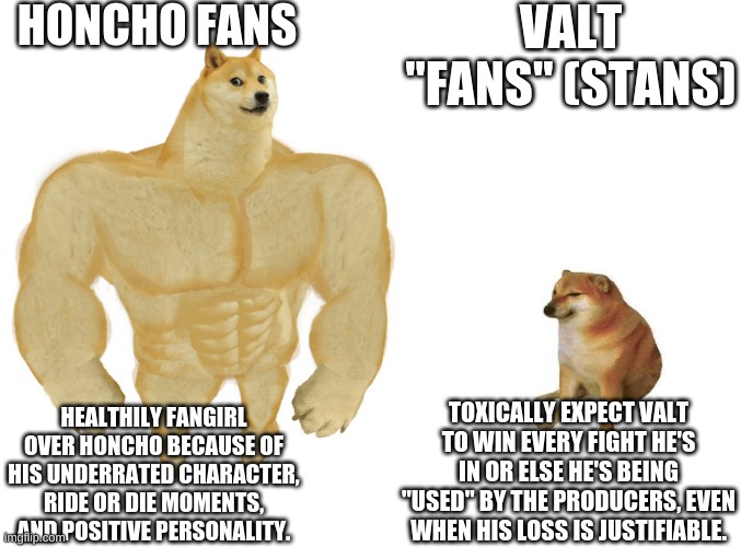 Big dog small dog | HONCHO FANS; VALT "FANS" (STANS); TOXICALLY EXPECT VALT TO WIN EVERY FIGHT HE'S IN OR ELSE HE'S BEING "USED" BY THE PRODUCERS, EVEN WHEN HIS LOSS IS JUSTIFIABLE. HEALTHILY FANGIRL OVER HONCHO BECAUSE OF HIS UNDERRATED CHARACTER, RIDE OR DIE MOMENTS, AND POSITIVE PERSONALITY. | image tagged in big dog small dog | made w/ Imgflip meme maker