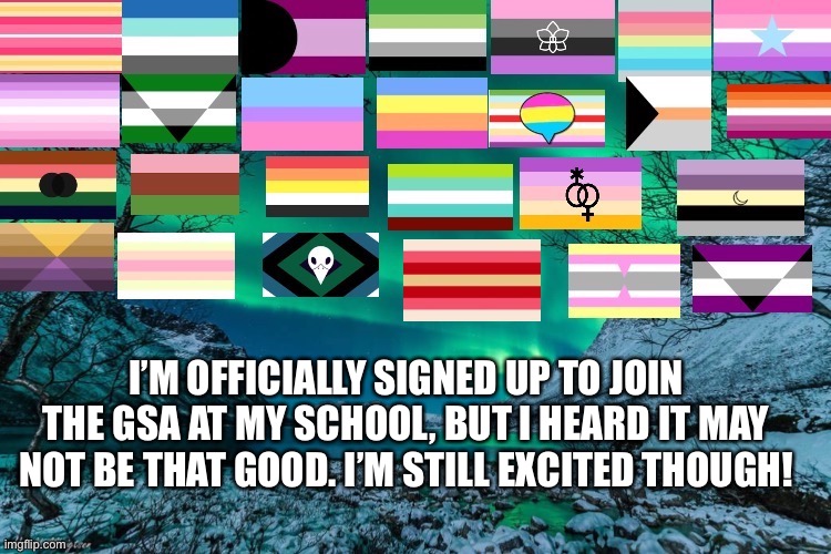 Northern Lights Announcement | I’M OFFICIALLY SIGNED UP TO JOIN THE GSA AT MY SCHOOL, BUT I HEARD IT MAY NOT BE THAT GOOD. I’M STILL EXCITED THOUGH! | image tagged in northern lights announcement | made w/ Imgflip meme maker