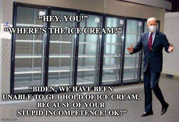 Stupid Democrats (again)! | “HEY, YOU!”; “WHERE’S THE ICE CREAM?”; “BIDEN, WE HAVE BEEN 
UNABLE TO GET HOLD OF ICE CREAM, 
BECAUSE OF YOUR 
STUPID INCOMPETENCE! OK?” | image tagged in joe biden,biden,democrat party,communists,globalists,incompetence | made w/ Imgflip meme maker