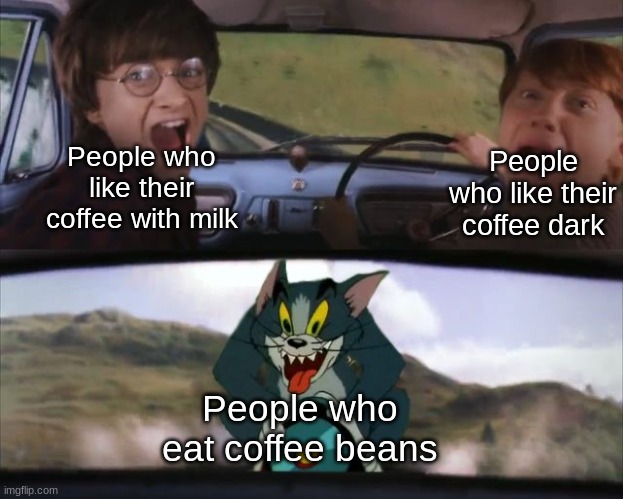 if you do this, get help | People who like their coffee dark; People who like their coffee with milk; People who eat coffee beans | image tagged in tom chasing harry and ron weasly,dank memes | made w/ Imgflip meme maker