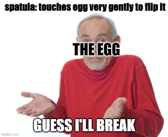 pov your tryna make an egg |  spatula: touches egg very gently to flip it; THE EGG; GUESS I'LL BREAK | image tagged in guess i'll die,eggs,egg | made w/ Imgflip meme maker