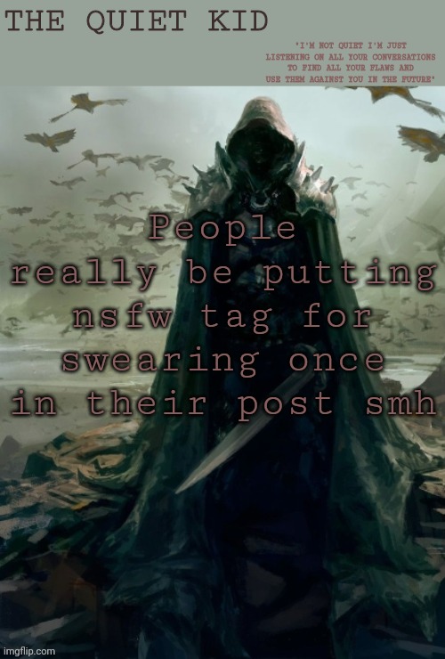Excessive swearing or use of slurs is appropriate to use nsfw tag | People really be putting nsfw tag for swearing once in their post smh | image tagged in quiet kid | made w/ Imgflip meme maker