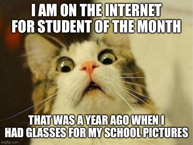 I looked like a true NERD | I AM ON THE INTERNET FOR STUDENT OF THE MONTH; THAT WAS A YEAR AGO WHEN I HAD GLASSES FOR MY SCHOOL PICTURES | image tagged in memes,scared cat | made w/ Imgflip meme maker