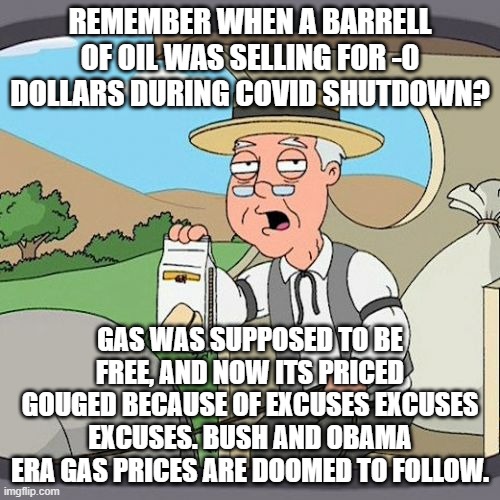 Pepperidge Farm Remembers | REMEMBER WHEN A BARRELL OF OIL WAS SELLING FOR -0 DOLLARS DURING COVID SHUTDOWN? GAS WAS SUPPOSED TO BE FREE, AND NOW ITS PRICED GOUGED BECAUSE OF EXCUSES EXCUSES EXCUSES. BUSH AND OBAMA ERA GAS PRICES ARE DOOMED TO FOLLOW. | image tagged in memes,pepperidge farm remembers | made w/ Imgflip meme maker