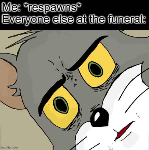 me: respawns       everyone else at the funeral: 0-0 | Me: *respawns*
Everyone else at the funeral: | image tagged in memes,unsettled tom | made w/ Imgflip meme maker