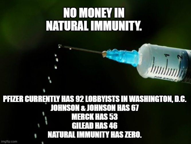 Natural immunity. | NO MONEY IN NATURAL IMMUNITY. PFIZER CURRENTLY HAS 92 LOBBYISTS IN WASHINGTON, D.C.

JOHNSON & JOHNSON HAS 67

MERCK HAS 53

GILEAD HAS 46

NATURAL IMMUNITY HAS ZERO. | image tagged in covid-19,joe biden,barack obama,vaccine,fake news,democrats | made w/ Imgflip meme maker