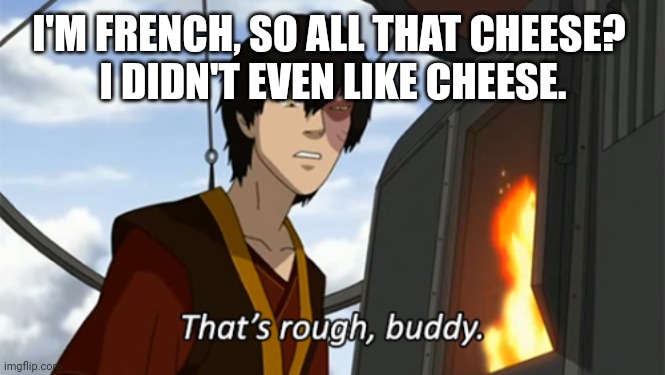 zuko thats rough buddy | I'M FRENCH, SO ALL THAT CHEESE? 
I DIDN'T EVEN LIKE CHEESE. | image tagged in zuko thats rough buddy | made w/ Imgflip meme maker