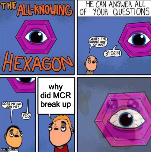 All knowing hexagon (ORIGINAL) | why did MCR break up | image tagged in all knowing hexagon original | made w/ Imgflip meme maker