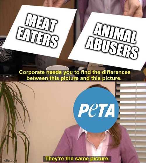 Why does Peta have to be so mean when it comes to meat eaters? | MEAT EATERS; ANIMAL ABUSERS | image tagged in they are the same picture,peta,meme,memes | made w/ Imgflip meme maker