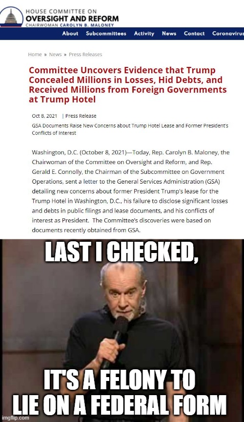 Let's be honest...we all knew this was going to happen sooner or later. | LAST I CHECKED, IT'S A FELONY TO LIE ON A FEDERAL FORM | image tagged in george carlin,trump is a crook,birds of a feather | made w/ Imgflip meme maker