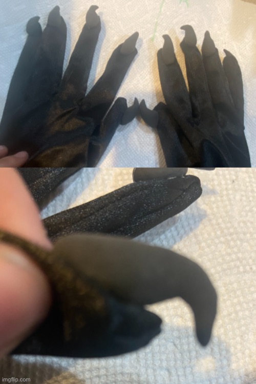 I made clay claws and glued them to gloves for birb talons ^w^ | image tagged in birb,claws,uwu,craft | made w/ Imgflip meme maker