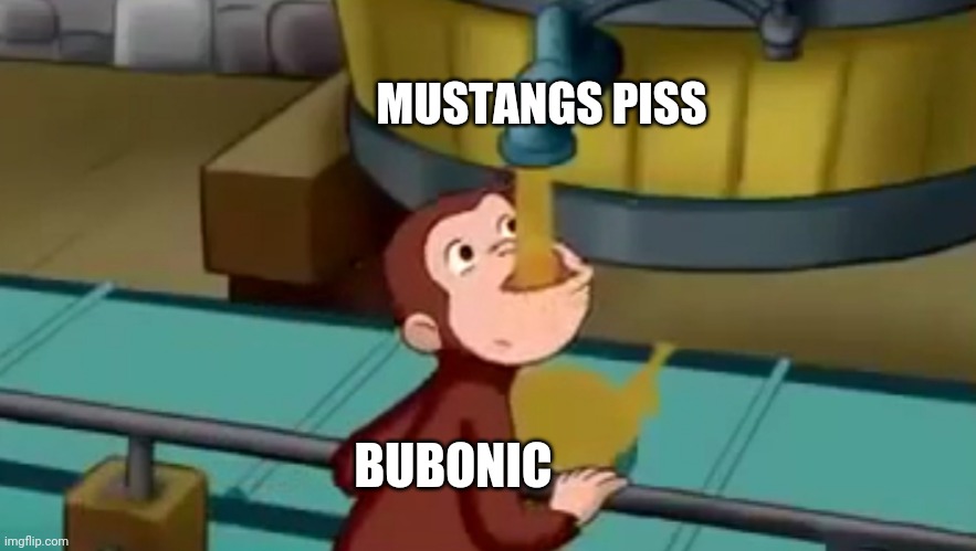 Curious George Apple Cider | MUSTANGS PISS; BUBONIC | image tagged in curious george apple cider | made w/ Imgflip meme maker