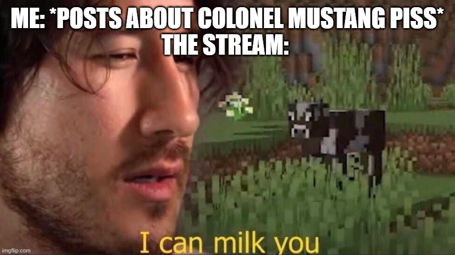 Ea | ME: *POSTS ABOUT COLONEL MUSTANG PISS*
THE STREAM: | image tagged in i can milk you template | made w/ Imgflip meme maker
