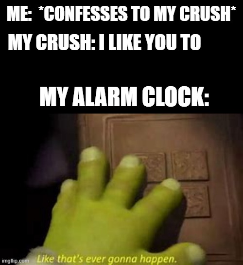 curse you alarm clock | ME:  *CONFESSES TO MY CRUSH*; MY CRUSH: I LIKE YOU TO; MY ALARM CLOCK: | image tagged in shrek | made w/ Imgflip meme maker