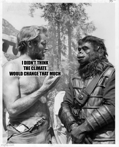 Planet of the apes | I DIDN’T THINK THE CLIMATE WOULD CHANGE THAT MUCH | image tagged in planet of the apes | made w/ Imgflip meme maker