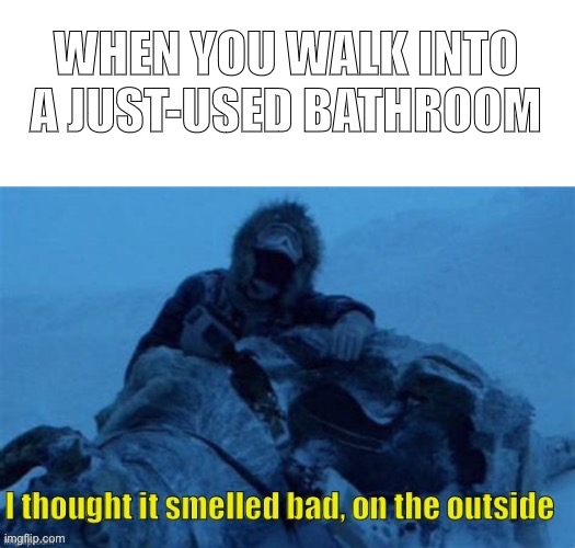 “At least light a candle or something” | WHEN YOU WALK INTO A JUST-USED BATHROOM | image tagged in i thought it smelled bad on the outside | made w/ Imgflip meme maker