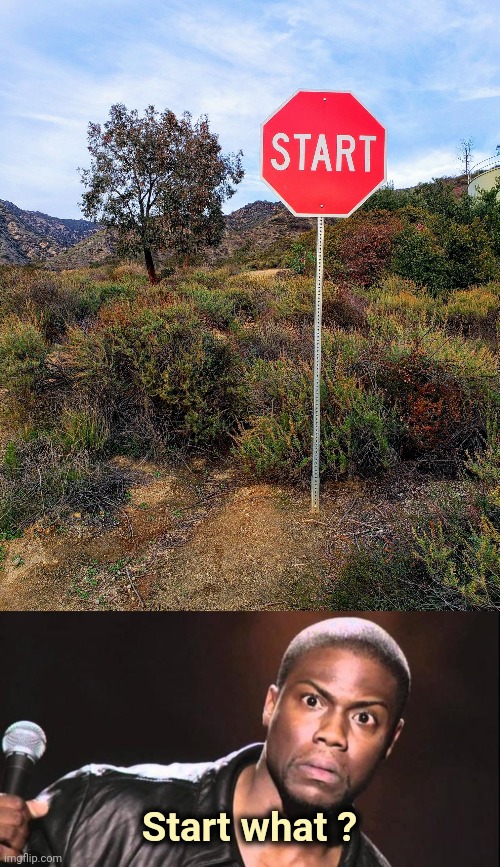 In the middle of nowhere | Start what ? | image tagged in kevin heart idiot,stupid signs,dumb,wow look nothing,you guys are getting paid | made w/ Imgflip meme maker