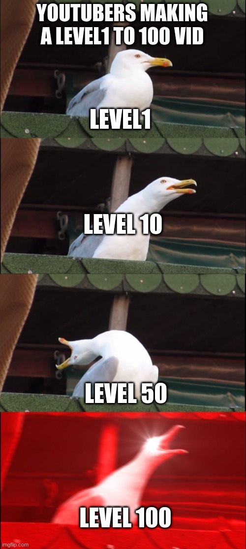 Inhaling Seagull | YOUTUBERS MAKING A LEVEL1 TO 100 VID; LEVEL1; LEVEL 10; LEVEL 50; LEVEL 100 | image tagged in memes,inhaling seagull | made w/ Imgflip meme maker