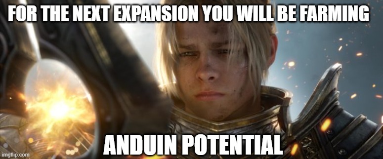 Anduin | FOR THE NEXT EXPANSION YOU WILL BE FARMING; ANDUIN POTENTIAL | image tagged in anduin | made w/ Imgflip meme maker