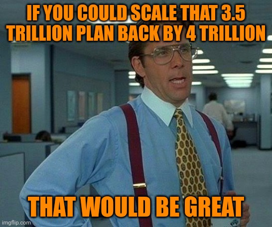 I'm open to compromise | IF YOU COULD SCALE THAT 3.5 TRILLION PLAN BACK BY 4 TRILLION; THAT WOULD BE GREAT | image tagged in that would be great,joe biden,democratic socialism | made w/ Imgflip meme maker